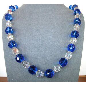 Vintage Blue & Clear Faceted Glass Bead Necklace 22"